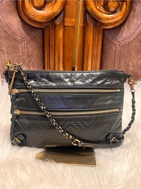 Elliott Lucca  Messina 3-Zip Leather Black Leather  with Gold-Tone crossbody bag